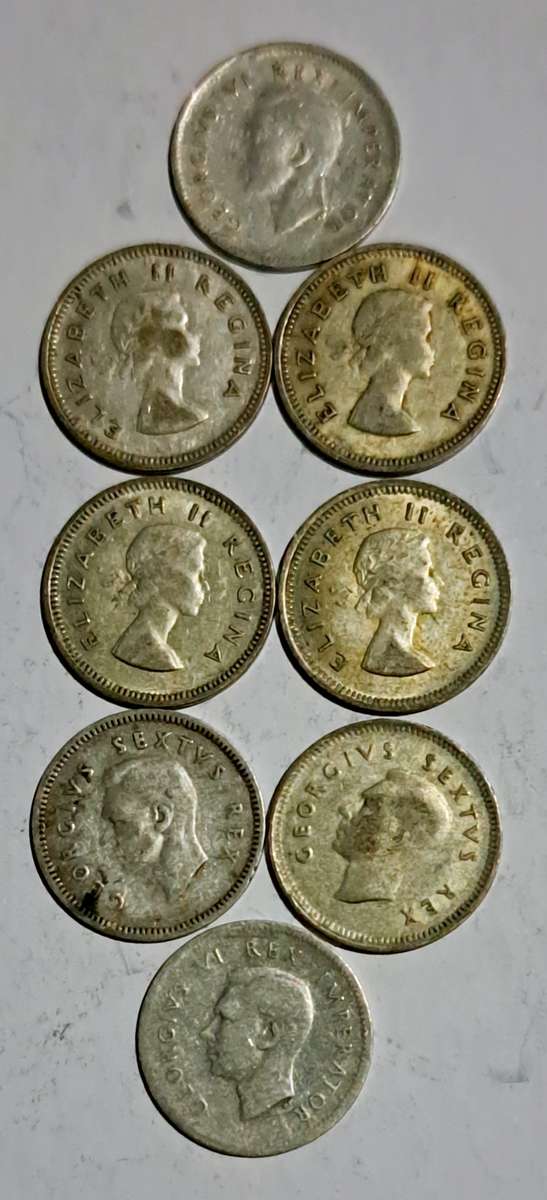 S.A. 8 Silver Threepence coins