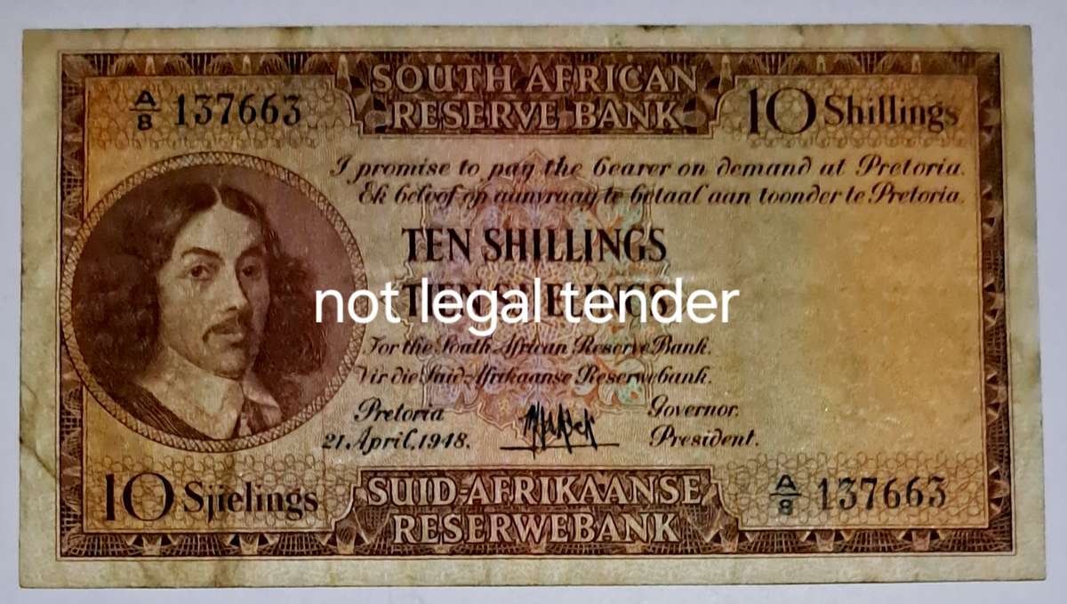 South Africa Ten Shillings Bank Note.- 21-April. 1948 - -A8 - 137663.