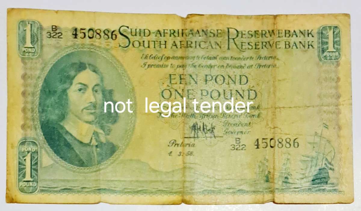 South Africa One Pound Bank Note - MH de Koch -  B322 450886 - 04. 03 .1958.