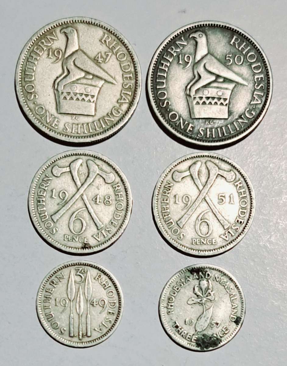Southern Rhodesia 6 coins  --2 One Shilling coins- 2 Sixpence coins-- 2 Threepence coins.