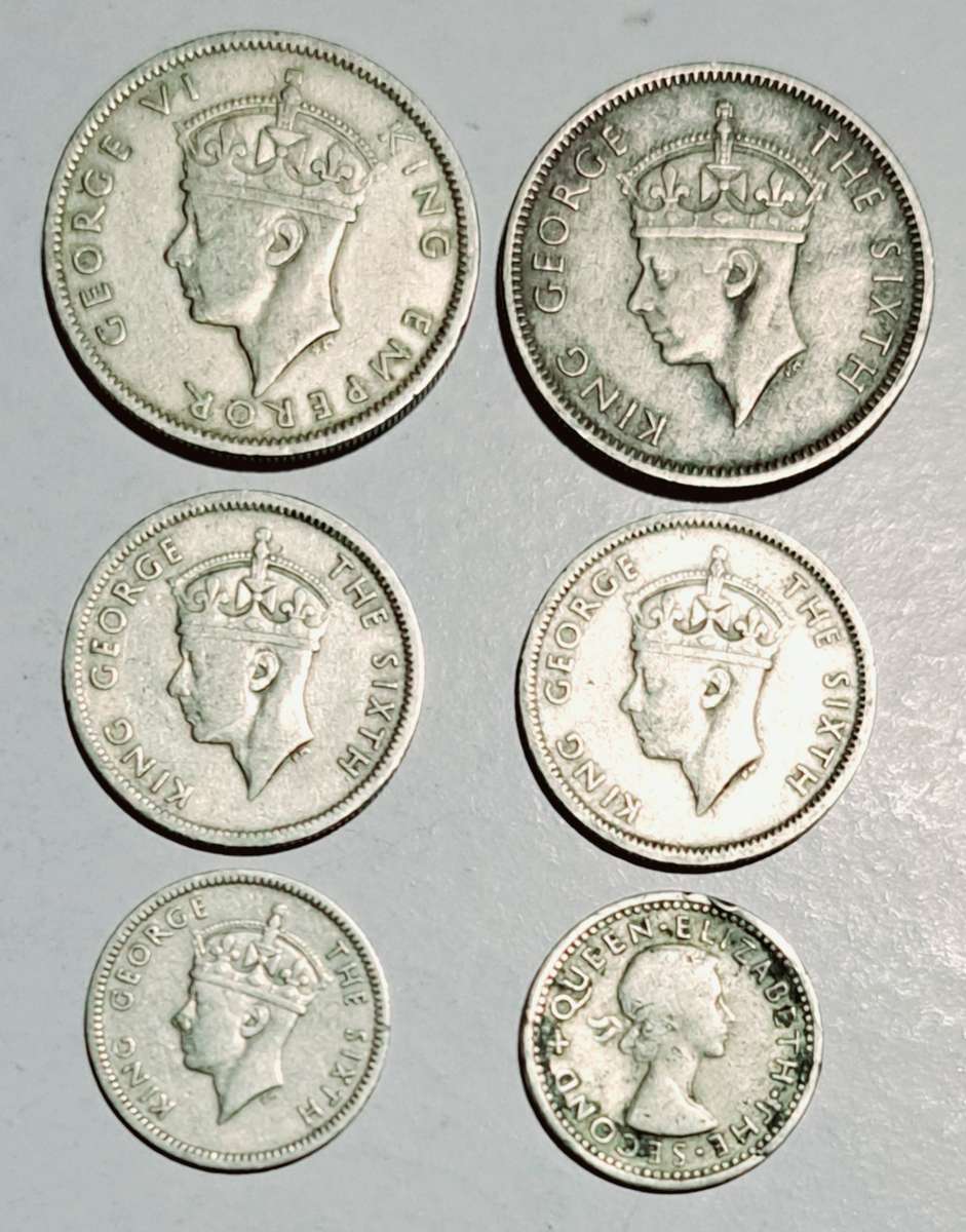 Southern Rhodesia 6 coins  --2 One Shilling coins- 2 Sixpence coins-- 2 Threepence coins.