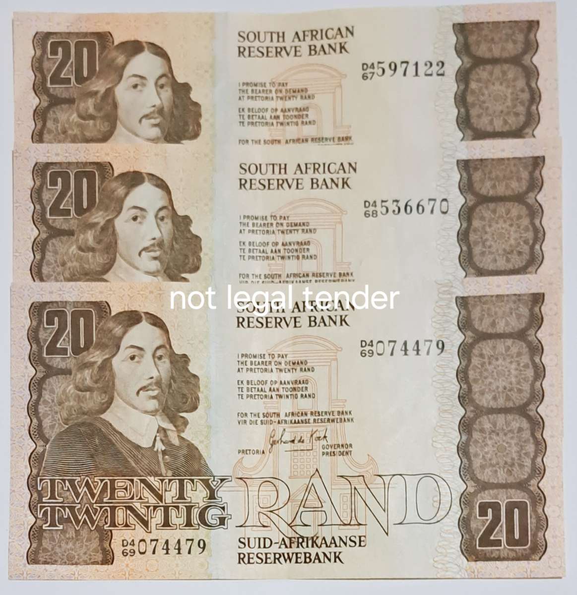 S.A. 3- Twenty Rand Bank Notes - GPC de Kock - "D467 "D468 "D469"-