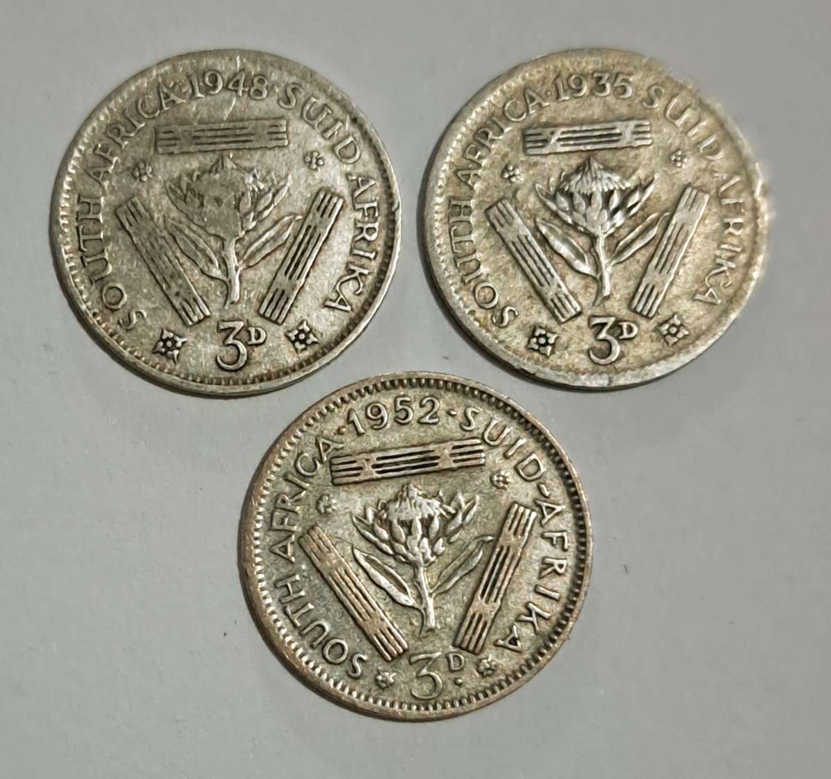 South Africa 3 × Threepence coins "Silver coins" -1935 -1948-1952-