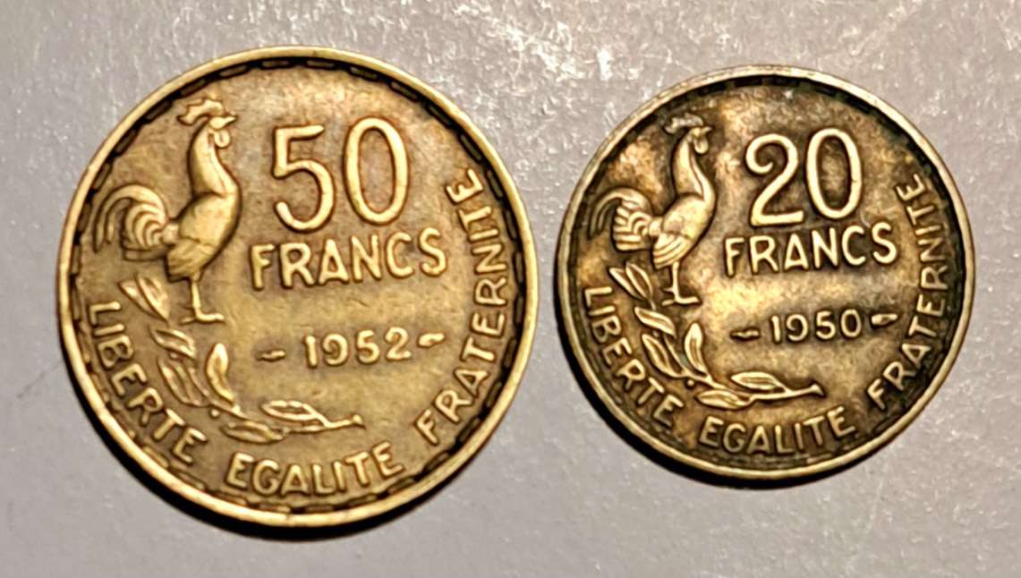 Two coins  " 50 Francs 1952 " & " 20 Francs 1950 "