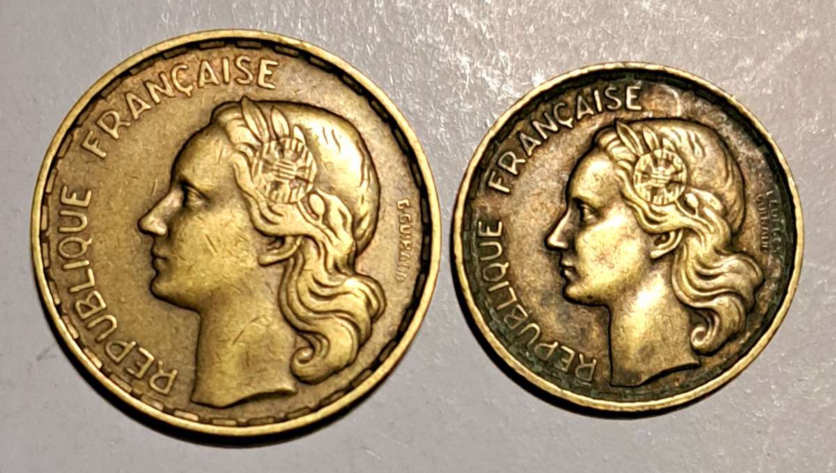 Two coins  " 50 Francs 1952 " & " 20 Francs 1950 "