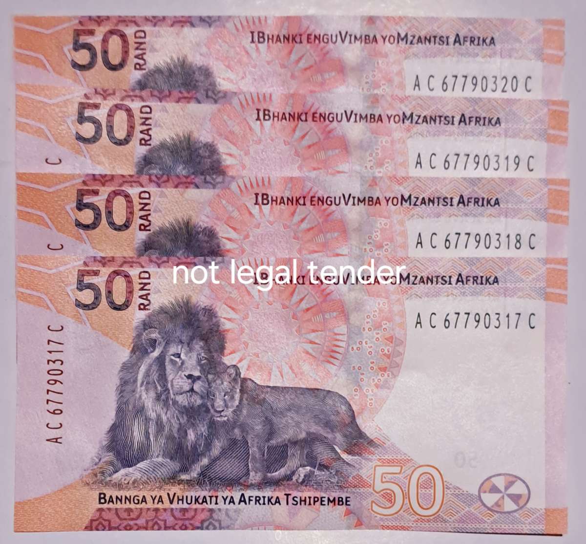 South Africa 4 × R50 Bank Notes in Serail Number Sequence AC- 67790317 To AC- 67790320 UNC Notes.