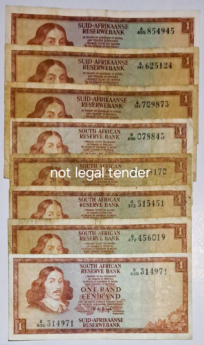 South Africa 8 One Rand Bank Notes. " TW de Jongh "