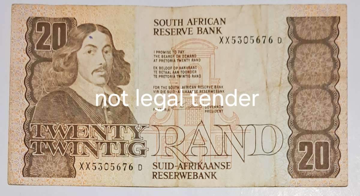 S.A. Twenty Rand Bank Note  "XX 5305676 D" Replacement Note.