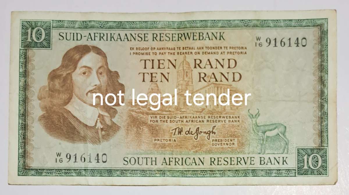 S.A. Ten Rand Bank Notes - TW de Jongh -" Replacement Note " W16 916140 "Rare Note "