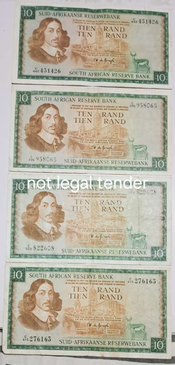 South Africa 4 Ten Rand Bank Notes. ""TW de Jongh "" Scarce Notes ""