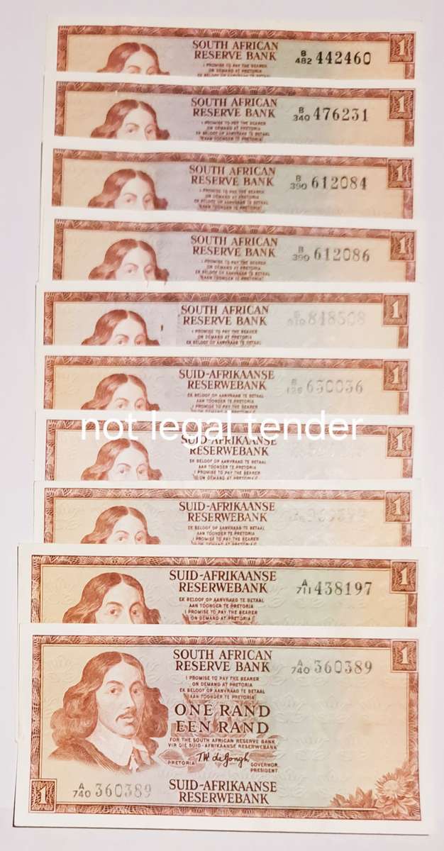 South Africa 10 One Rand Bank Notes. "TW de Jongh ""New Notes ""