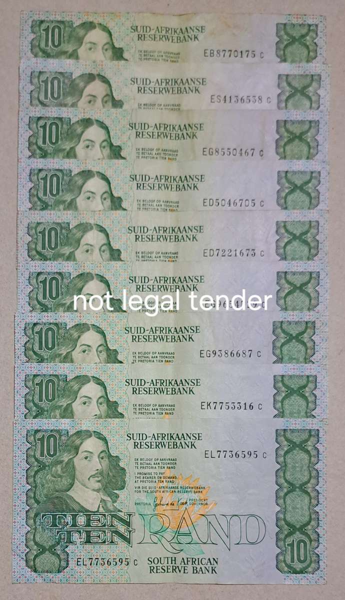 9 South Africa Ten Rand Bank Notes. " GPS de Kock "