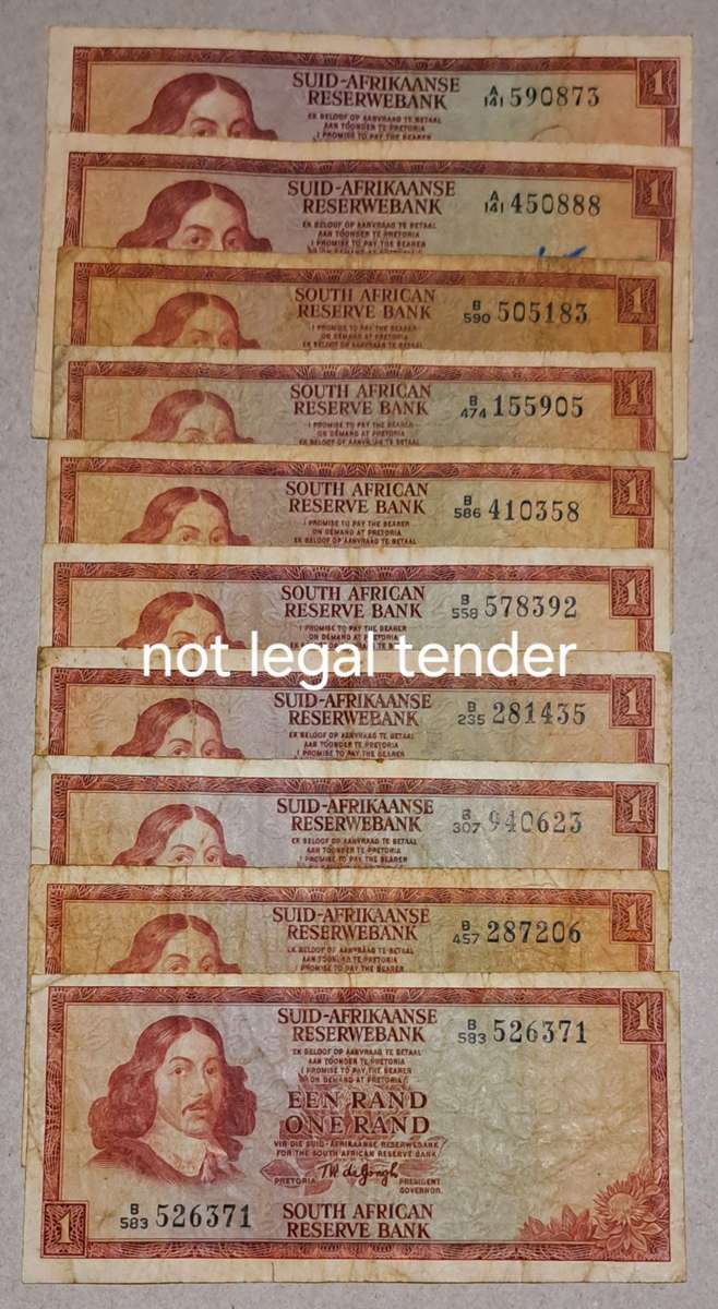 South Africa 10 One Rand Bank Notes. "TW de Jongh "