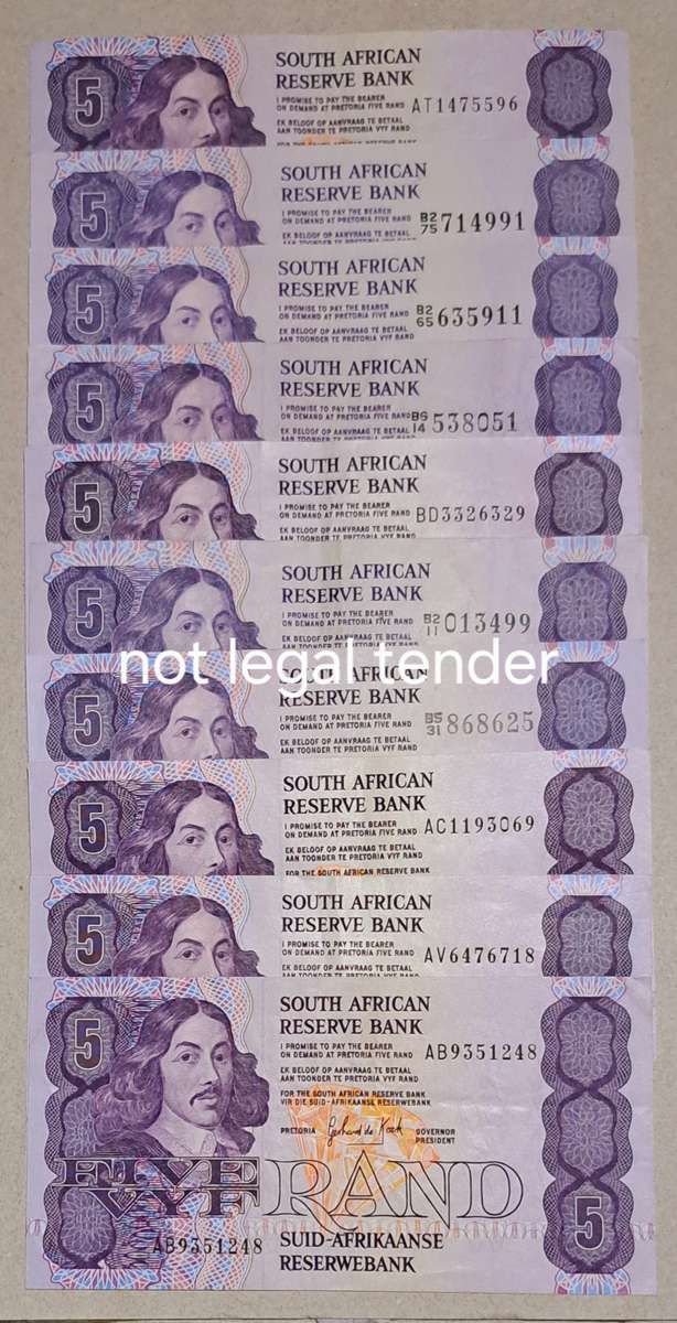 South Africa 10 Five Rand Bank Notes. " GPC de Kock " Higher Grades "