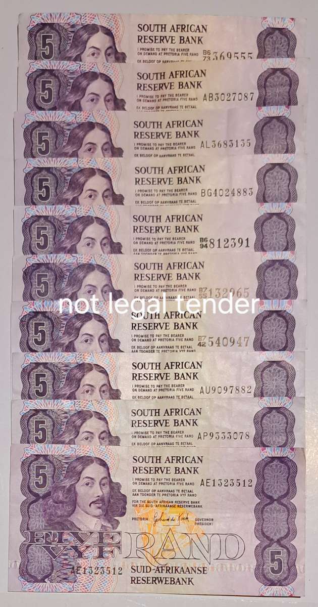 10 South Africa Five Rand Bank Notes  " GPS de Kock " Higher Grades "