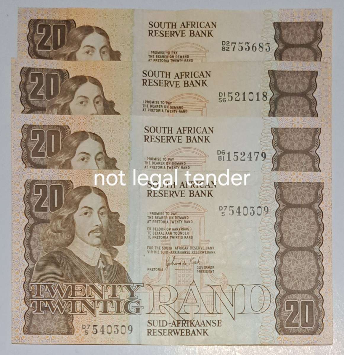 4 Twenty Rand Bank Notes " GPC de Kock " Good Condition"