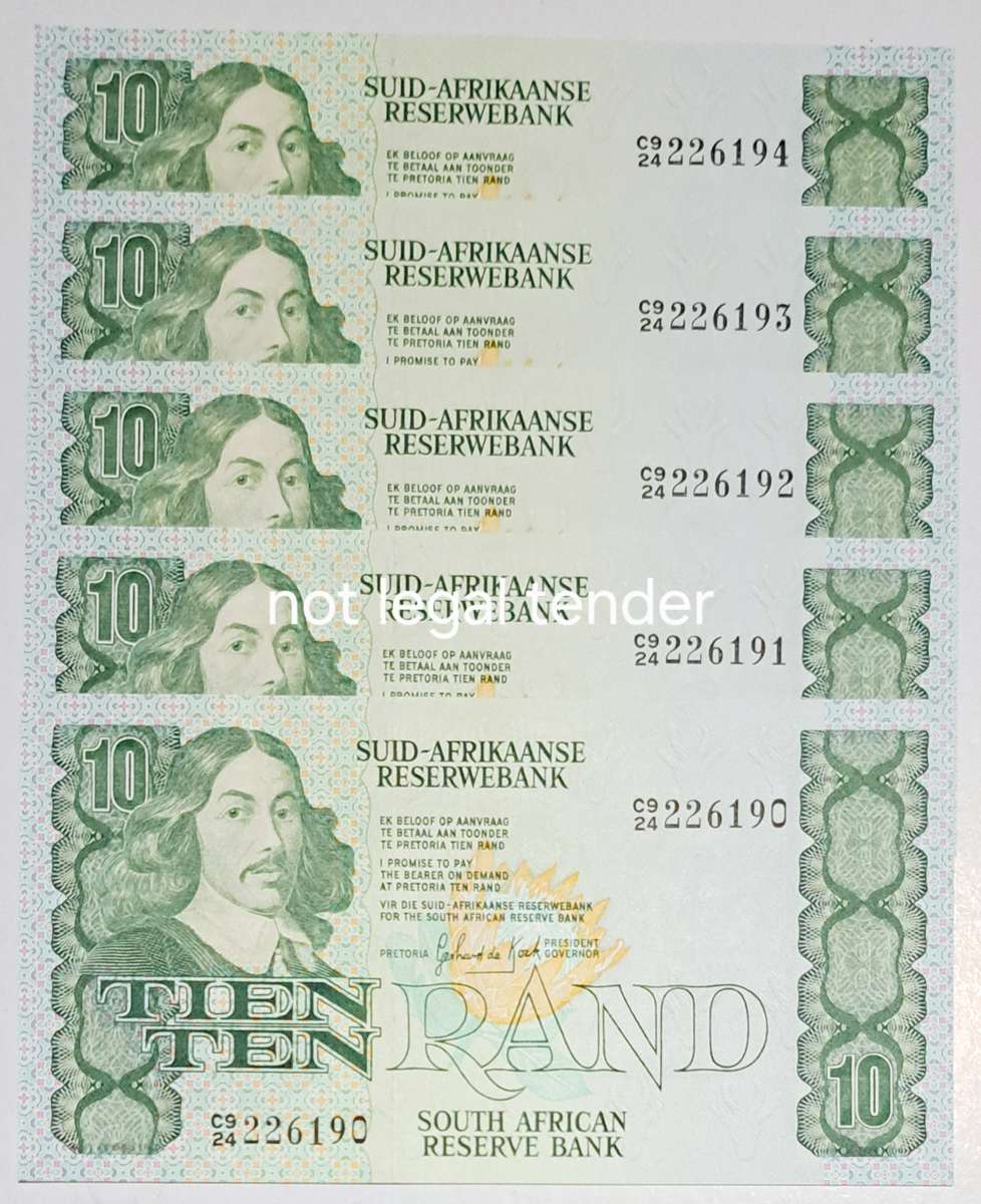 5 South Africa Ten Rand Bank Notes in Serail Number Sequence C924 226190 To C924 226194.New Notes.