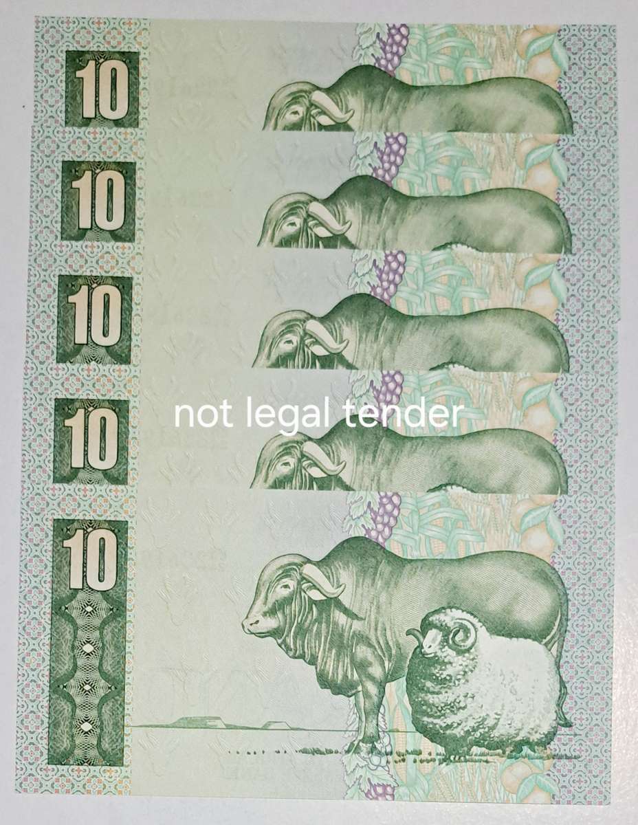 5 South Africa Ten Rand Bank Notes in Serail Number Sequence C924 226190 To C924 226194.New Notes.