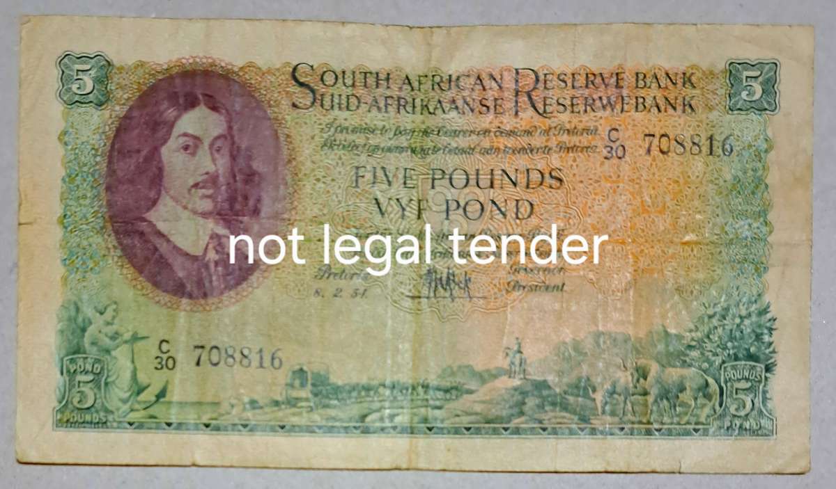 Union of South Africa Five Pounds " MH de Koch " C30 708816 "  08-02-1954 "