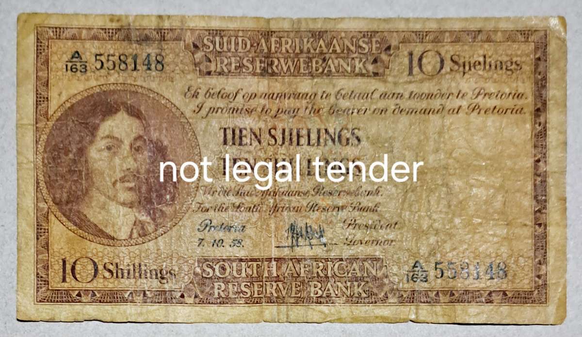 Union of South Africa Ten Shillings Bank Notes "MH de Koch " A163 558148 " / 07-10-1958/ "