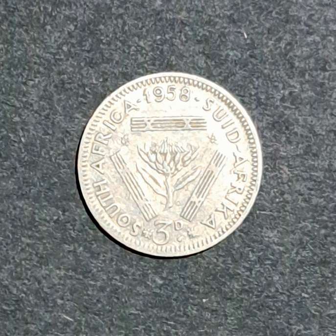 S.A.  1958 "3D" Threepence Silver coin.  "294"