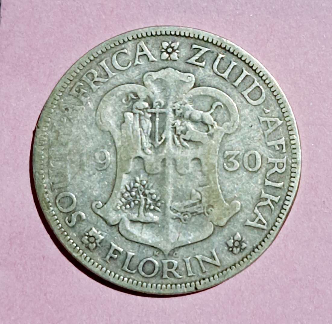 "1930" Union of S.A.  Silver  " Florin " Two Shillings " Silver Coin." RARE DATE "80% Silver "