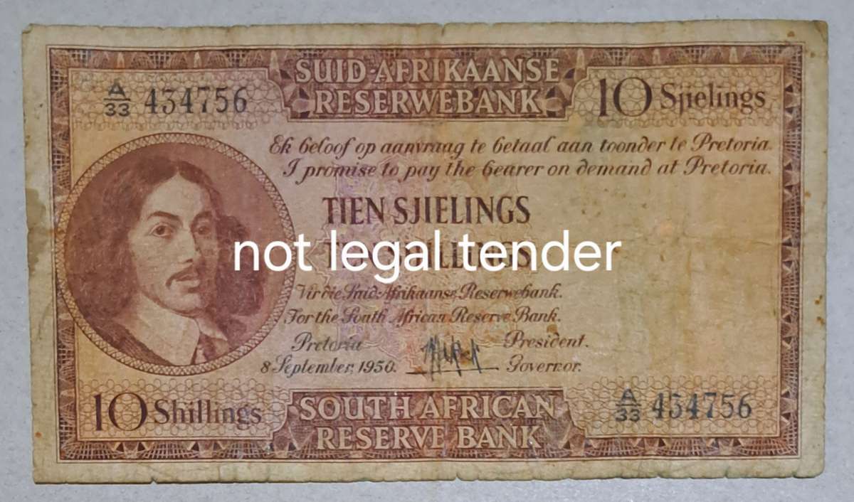 Union of South Africa Ten Shillings Bank Note " 8 September 1950 "  M H de Kock "