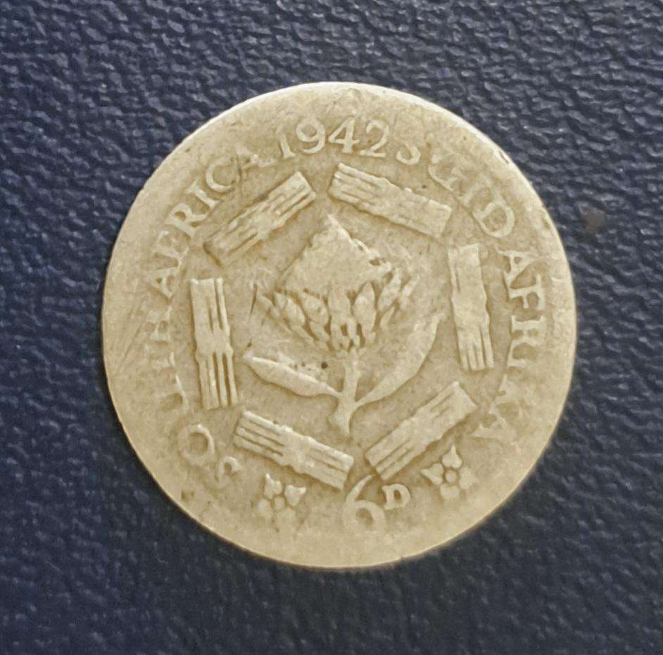 1942 S.A. Sixpence Silver Coin.