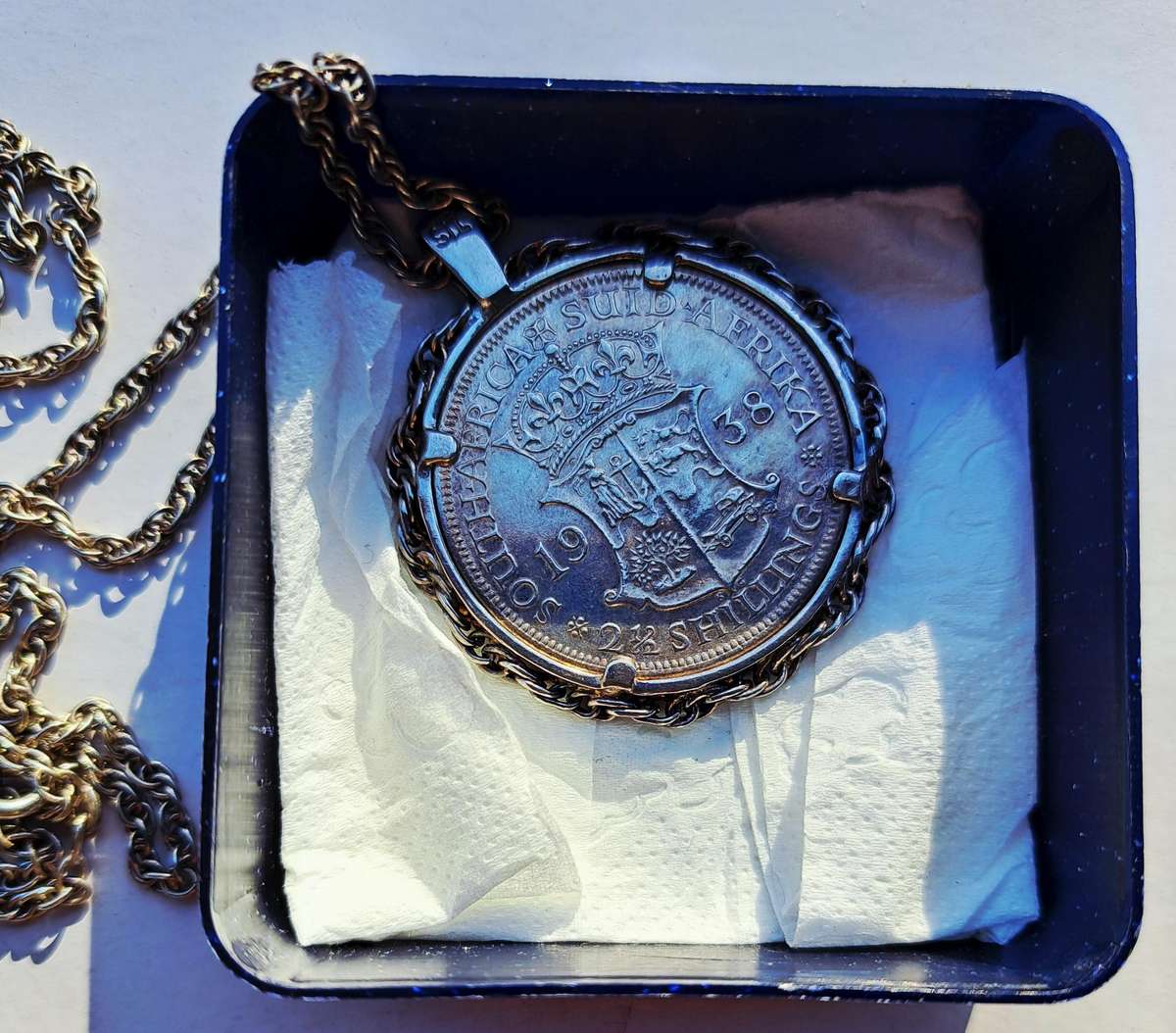 1938 Silver Union of S.A. Halfcrown, Set in A Silver Setting & A 58cms Long Silver Chain.Excellent C