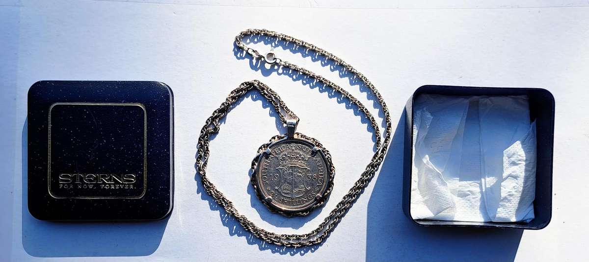 1938 Silver Union of S.A. Halfcrown, Set in A Silver Setting & A 58cms Long Silver Chain.Excellent C