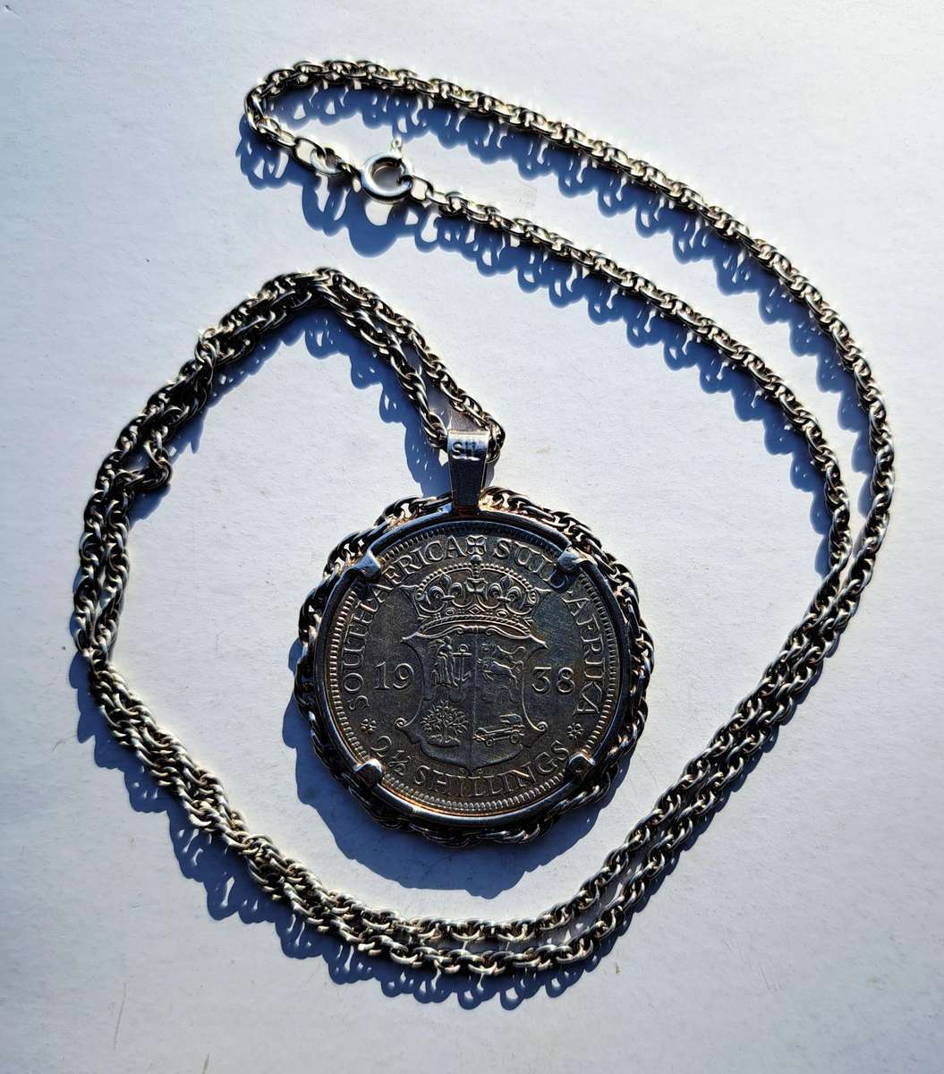 1938 Silver Union of S.A. Halfcrown, Set in A Silver Setting & A 58cms Long Silver Chain.Excellent C