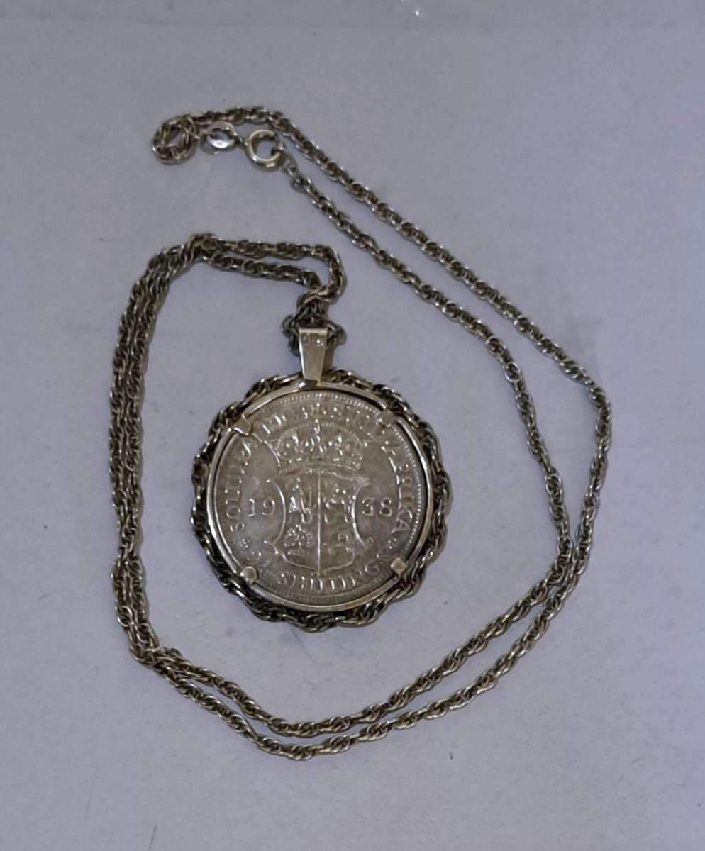 1938 Silver Union of S.A. Halfcrown, Set in A Silver Setting & A 58cms Long Silver Chain.Excellent C