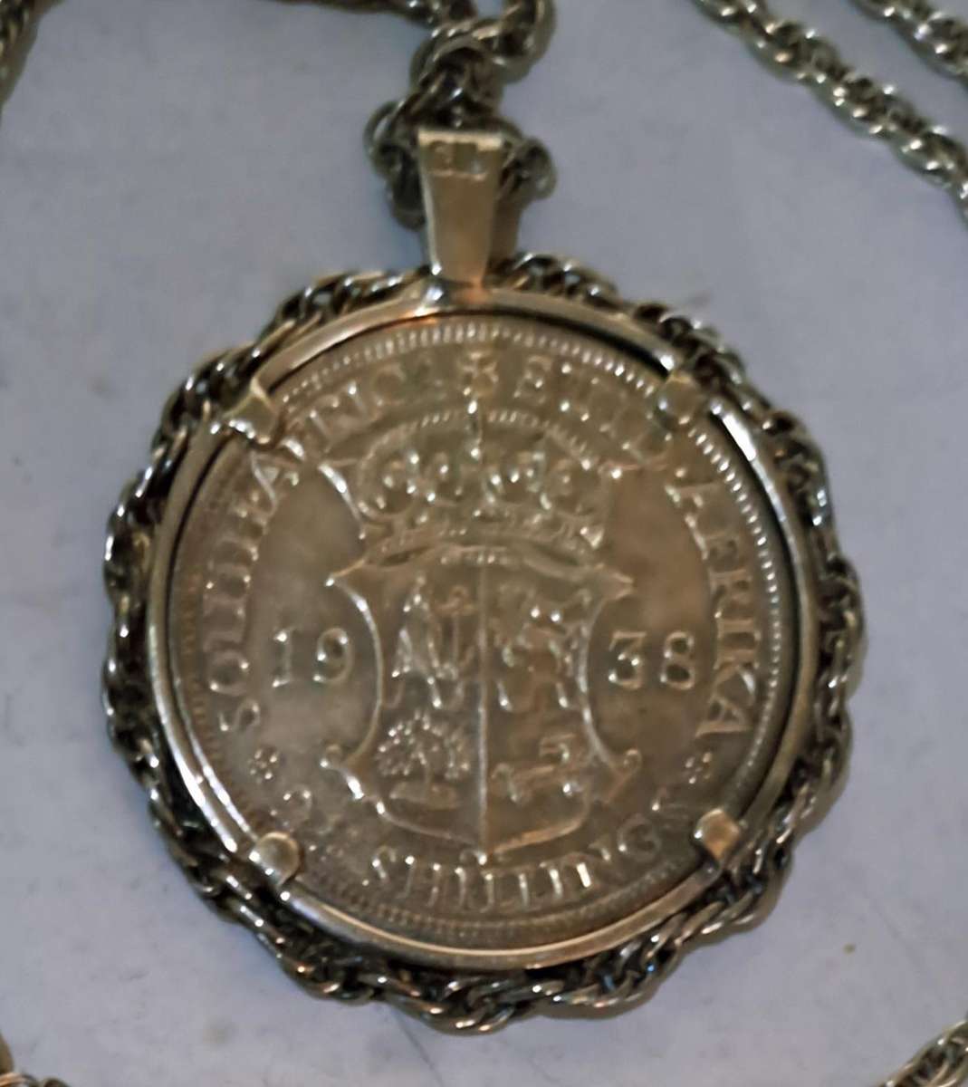1938 Silver Union of S.A. Halfcrown, Set in A Silver Setting & A 58cms Long Silver Chain.Excellent C