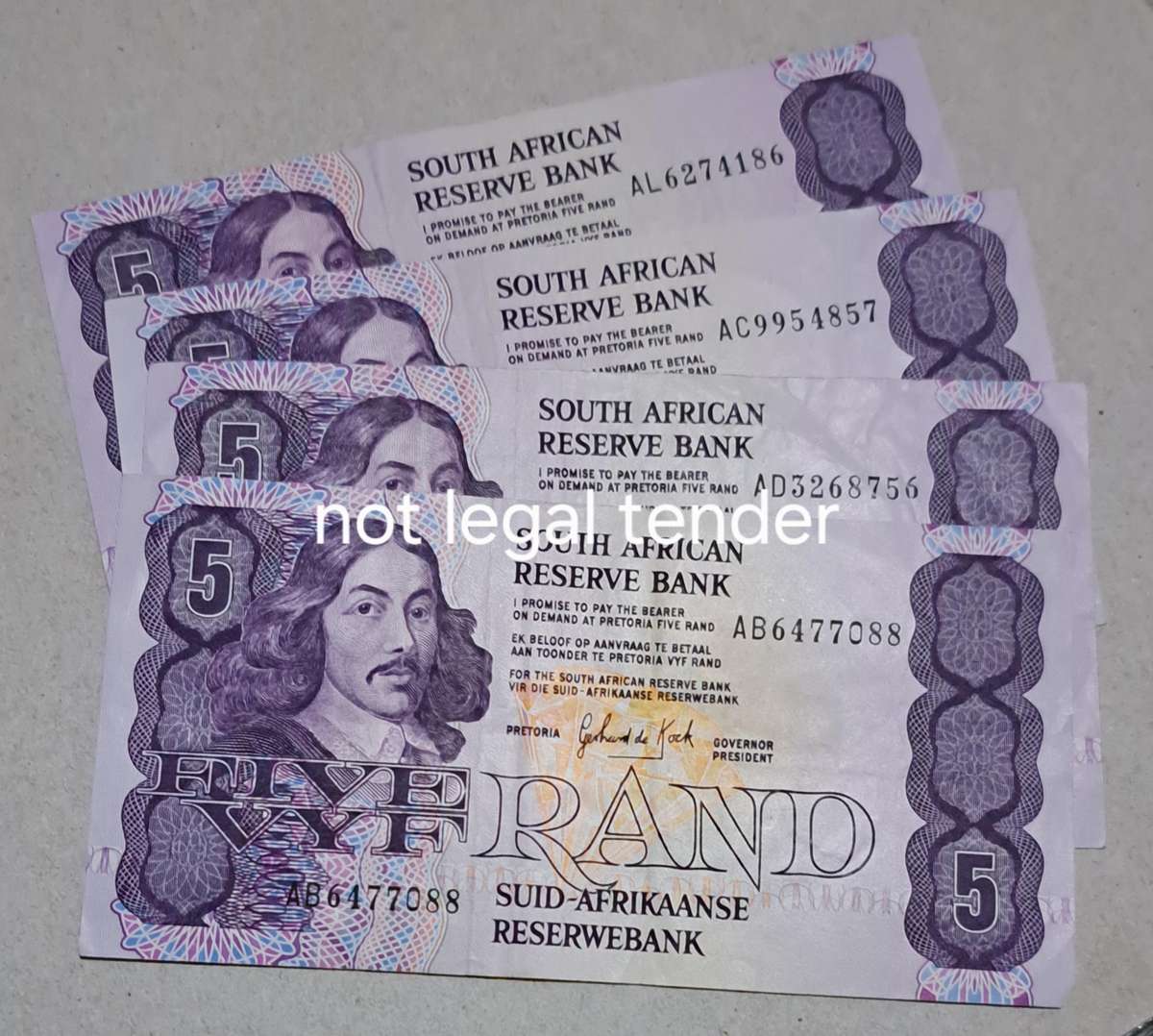 South Africa 4 Five Rand Bank Notes "GPC de Kock " Good Condition "
