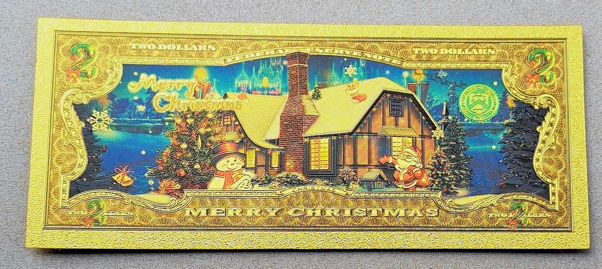 USA "A Very Merry Christmas and Happy NewYear"2 Dollars Christmas Note. 24K Gold Plated "Excellent a