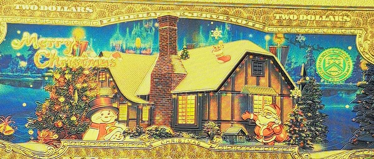 USA "A Very Merry Christmas and Happy NewYear"2 Dollars Christmas Note. 24K Gold Plated "Excellent a