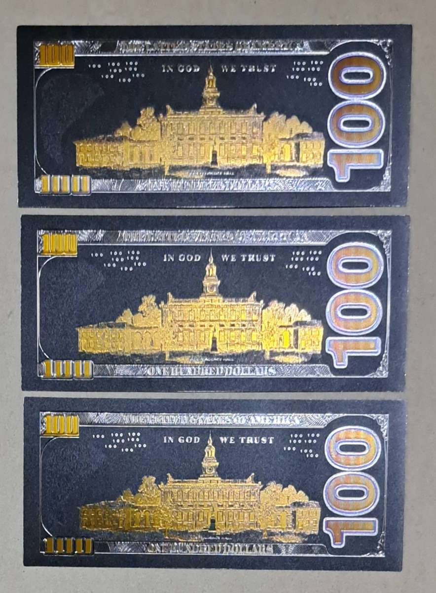 Benjamin Franklin Black USA $100/Dollar Bills 3 Commemorative Bills. New Great Bills .