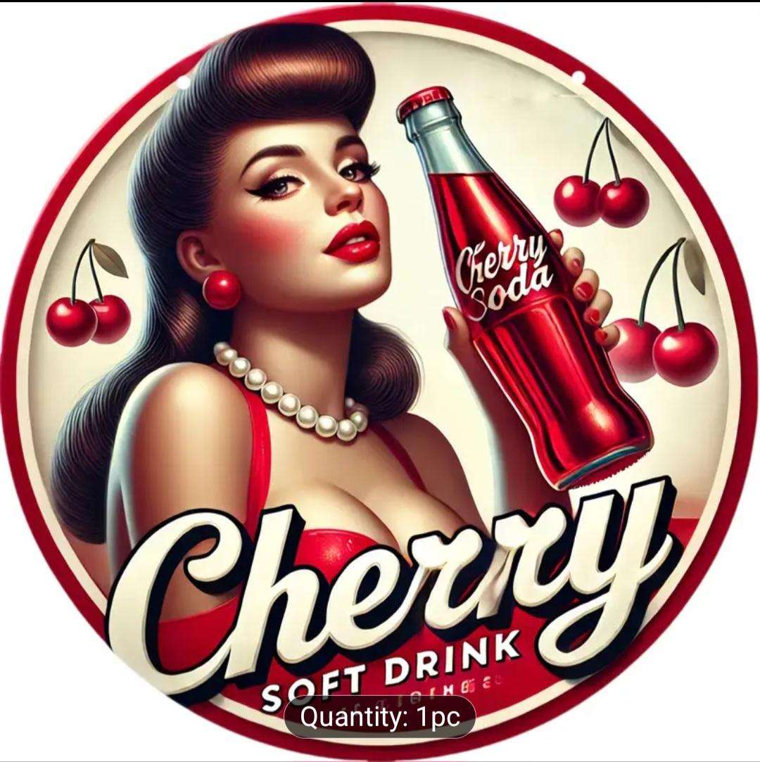 Retro Cherry Soda Wooden Sign, 7.87" Round Vintage Art Decor
