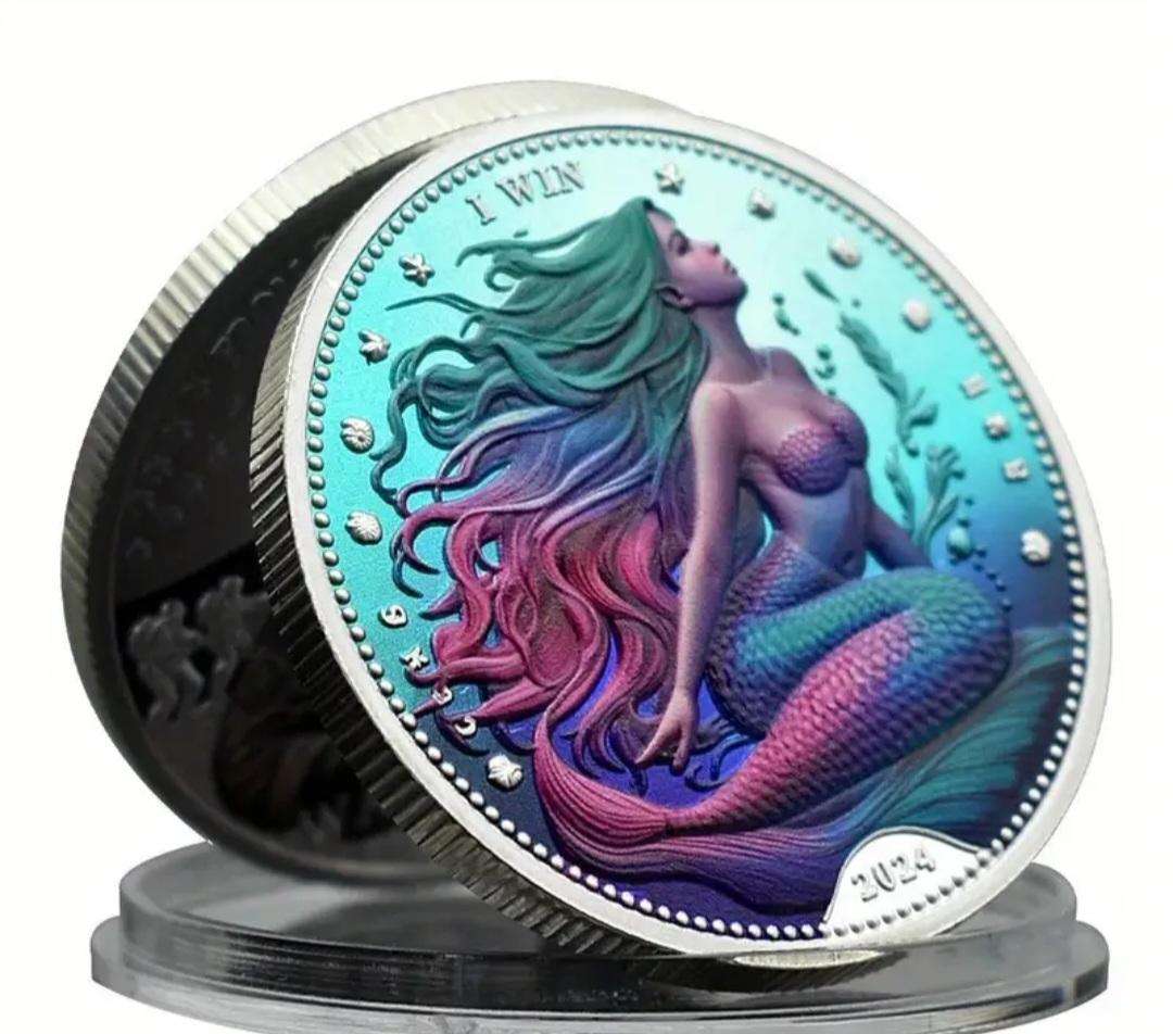 Silver Plated Mermaid Lucky Coin New in Capsule " Crown Size Coin "