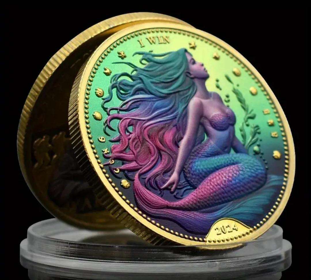Gold Plated Mermaid Lucky Coin. New in Capsule."Crown Size Coin "