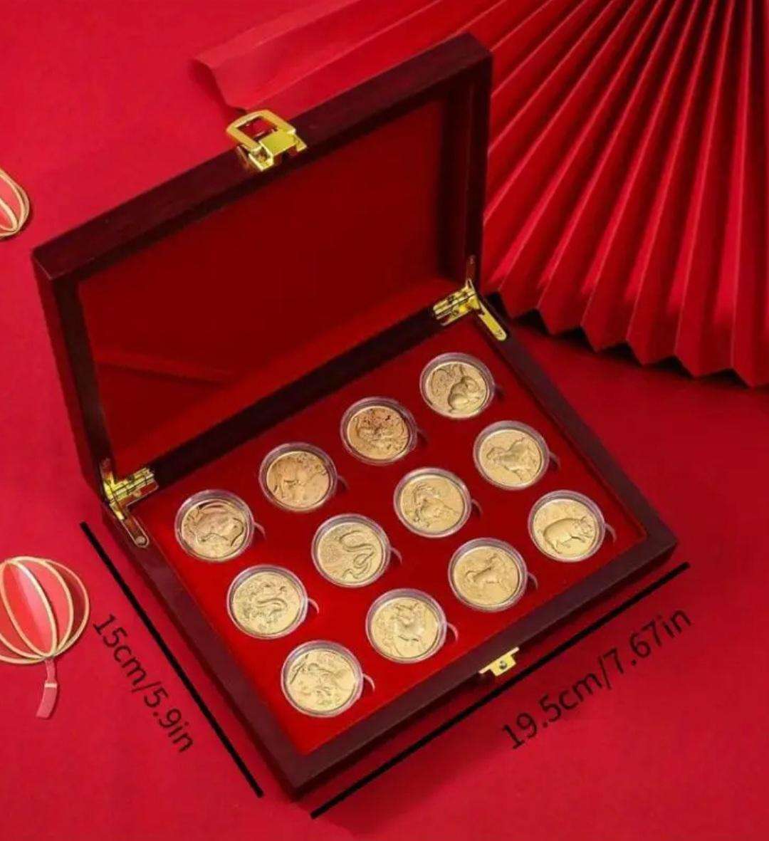 12 Zodiac Golden Foil Commemorative Coin Set.-12 Unique Animal Designs in Display Box.