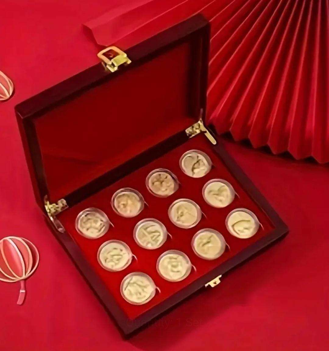 12 Zodiac Golden Foil Commemorative Coin Set.-12 Unique Animal Designs in Display Box.