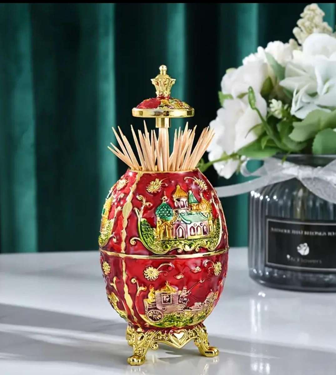 Elegant Luxury Automatic Toothpick Dispenser Earopean Stayle " Golden-Red" Castle Crown "