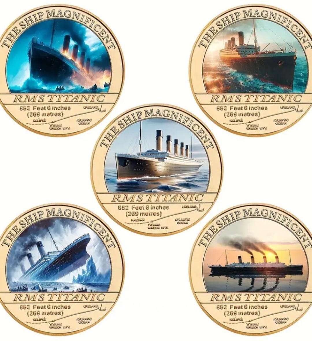 5 Titanic Gold-Plated Coin Set. Featuring RMS Titanic, Including the"Unsinkable" & Collision Cours