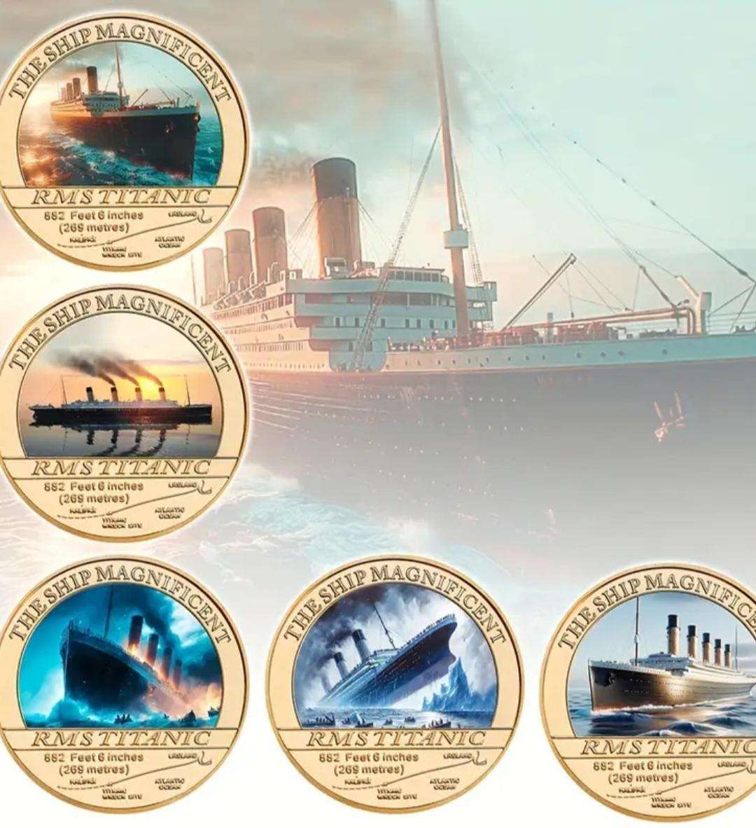 5 Titanic Gold-Plated Coin Set. Featuring RMS Titanic, Including the"Unsinkable" & Collision Cours