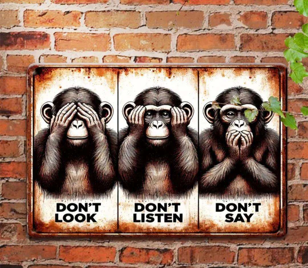 Vintage Style Metal Sign Three Monkeys Wall Art Decor. 30,48 x 20,32cm