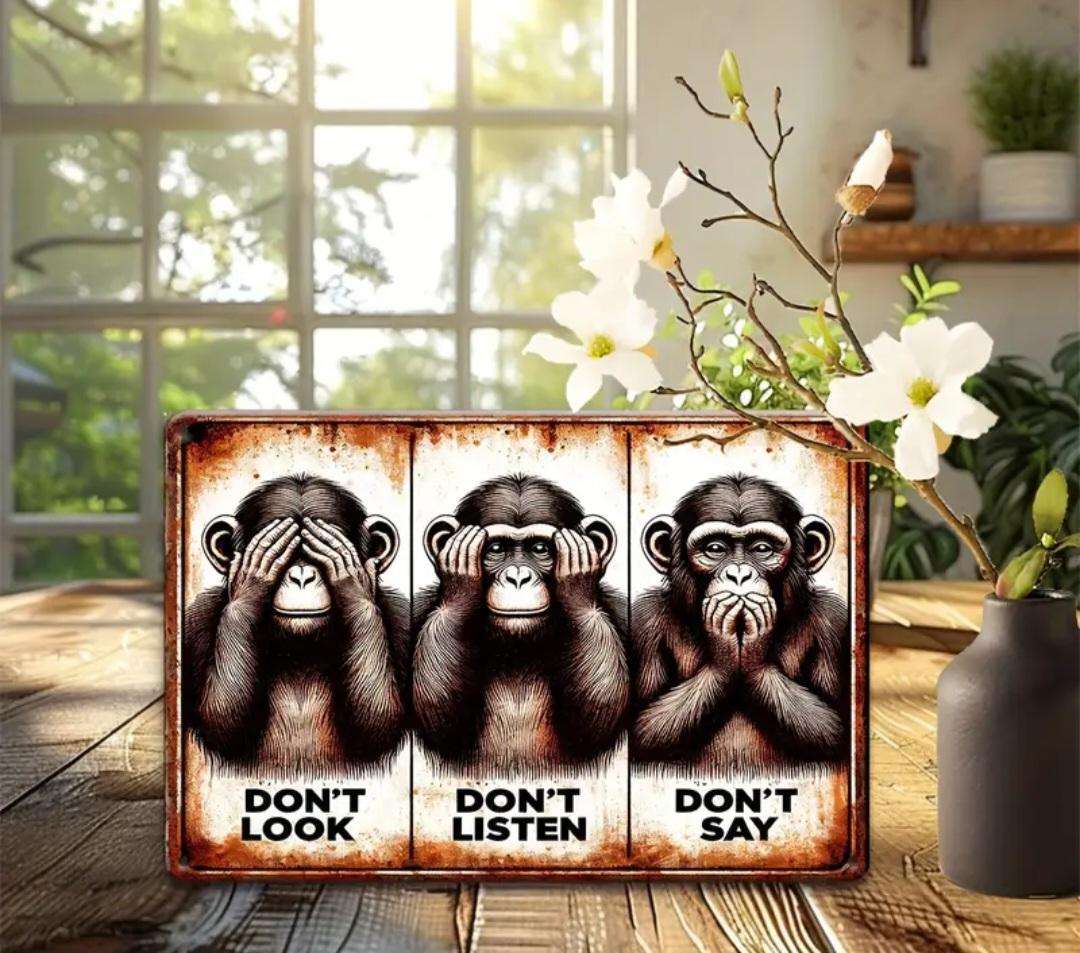 Vintage Style Metal Sign Three Monkeys Wall Art Decor. 30,48 x 20,32cm