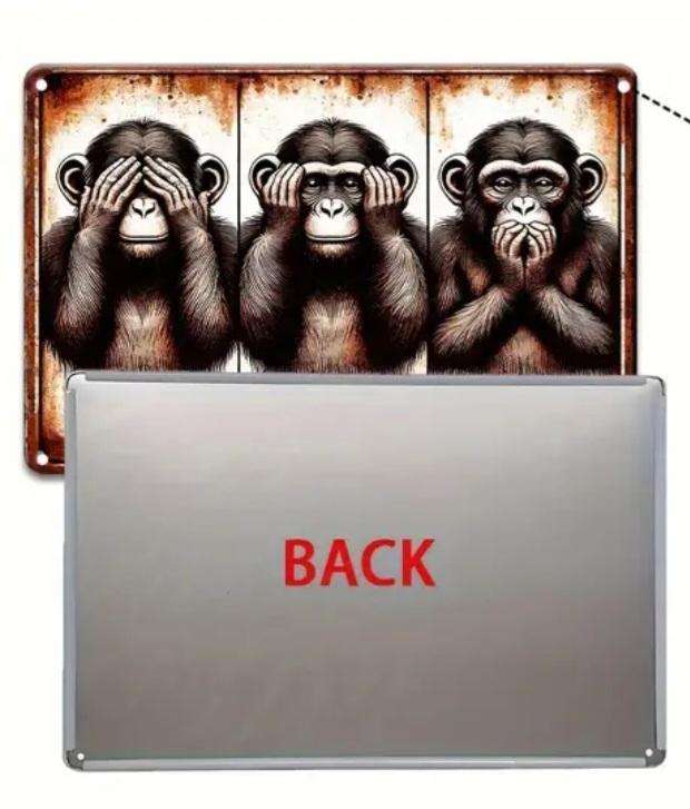 Vintage Style Metal Sign Three Monkeys Wall Art Decor. 30,48 x 20,32cm