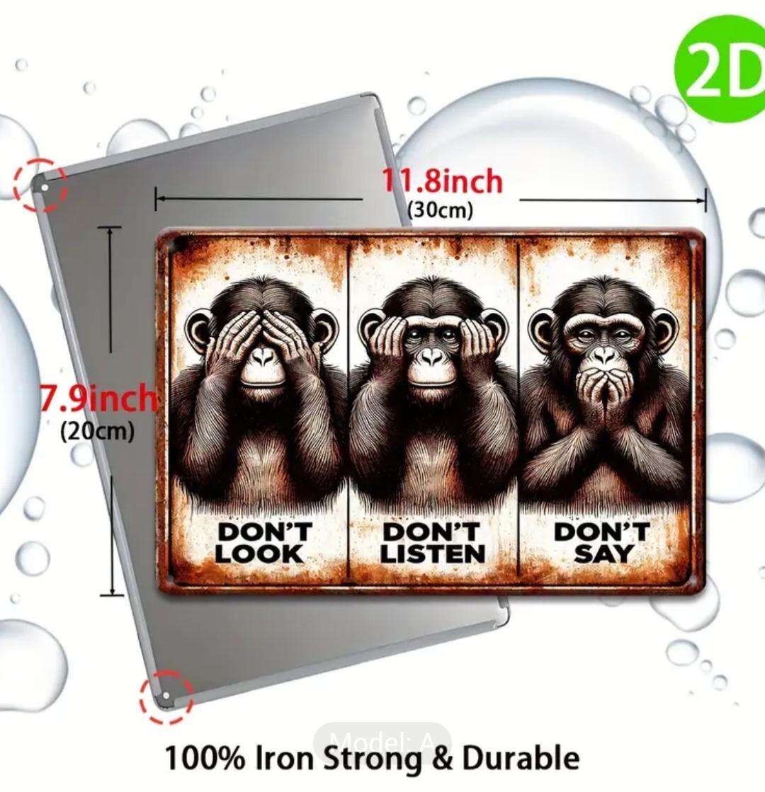 Vintage Style Metal Sign Three Monkeys Wall Art Decor. 30,48 x 20,32cm