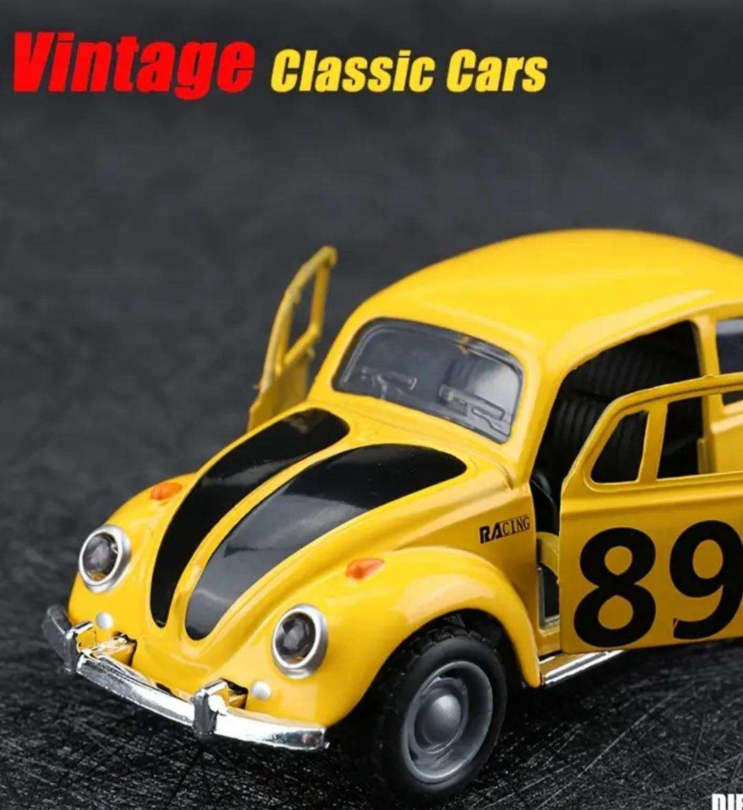 Glassic Vintage 1:38 Die-Cast Car. Pull Back Friction Racing VW Beatle."Yellow "